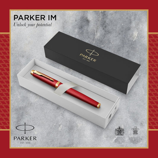 Parker IM Red Premium Lacquer Fountain Pen with Gold Trim | Fine nib and blue ink | Comes in a gift box