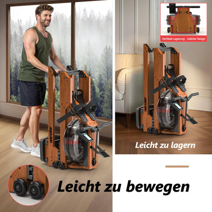 Wenoker Home Water Rowing Machine made of solid wood, foldable rowing machine with Bluetooth display, high-quality wood construction, double slide rails, max weight capacity of 150kg.