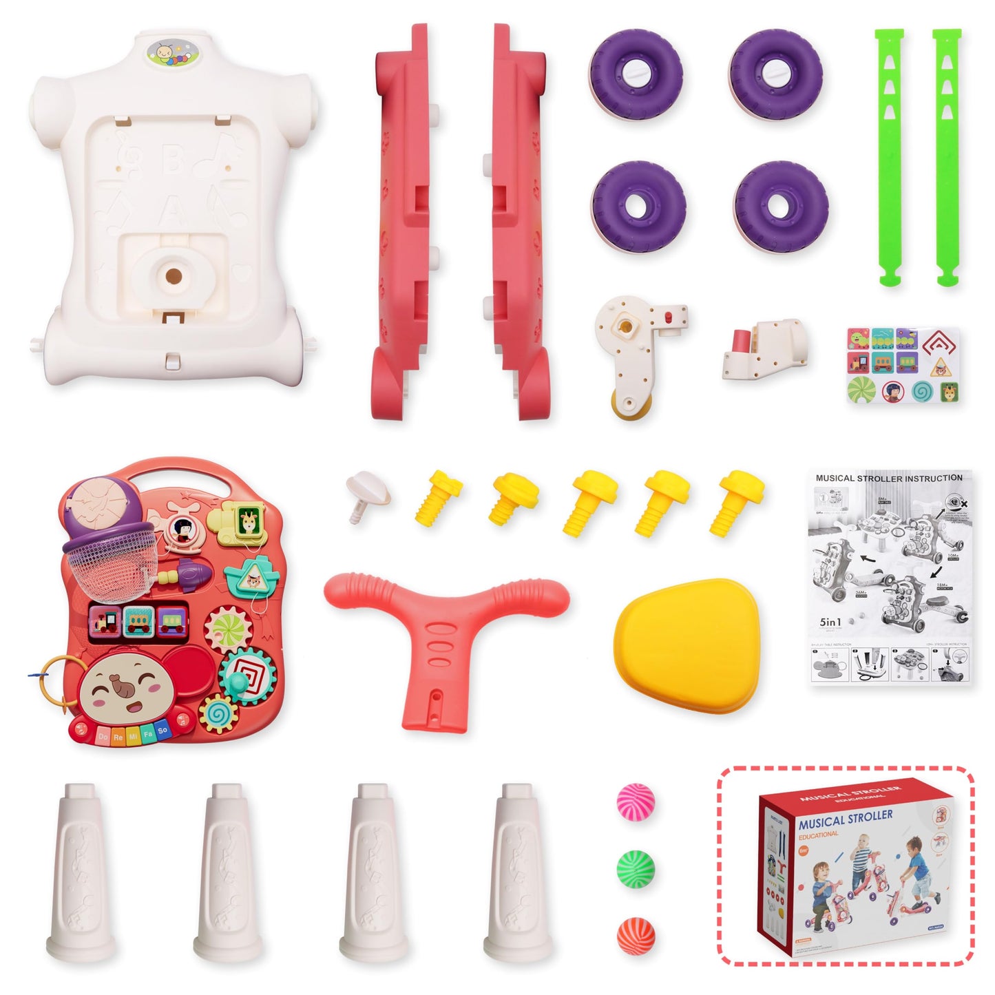 HYES 5 in 1 baby walker, baby play and walking aid with music and detachable play board, walking baby walker toy, for children aged 3-30+ months, red
