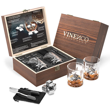 Whiskey Stones Set - 6 reusable stainless steel ice cubes + 2 glasses, tongs | Whiskey Ice Cubes Metal chilling stones bar accessories cocktail rocks gin stones decorative accessories gift whiskey stones.