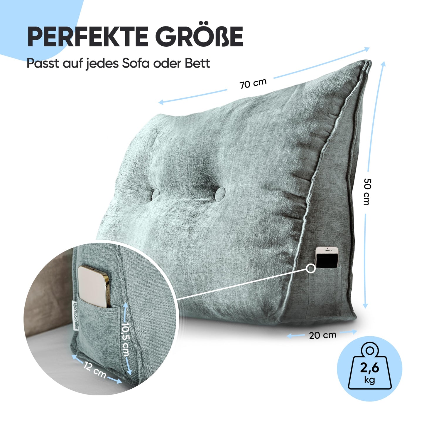 Bjorn & Schiller backrest cushion - reading pillow for bed and sofa, wedge cushion, backrest for the wall, seat cushion, wall cushion, large with washable cover (turquoise-gray, 70 cm)