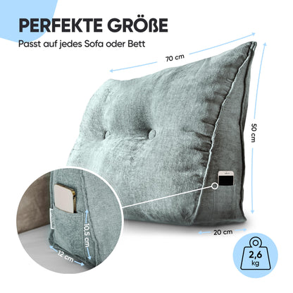 Bjorn & Schiller backrest cushion - reading pillow for bed and sofa, wedge cushion, backrest for the wall, seat cushion, wall cushion, large with washable cover (turquoise-gray, 70 cm)