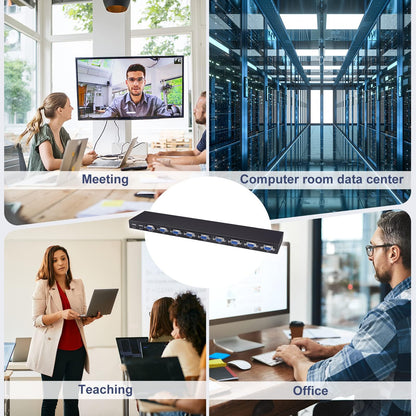 VGA KVM Switch 8 Port with 8 KVM cables, USB switch for 8PC sharing keyboard, mouse, printer, scanner, and VGA monitor.