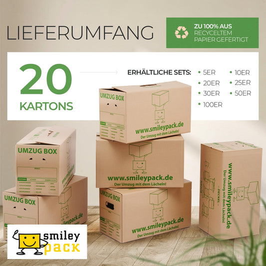 Smiley pack of 20 sturdy moving boxes - 620 x 300 x 330 mm - Extra large and reusable - Moving box with 40kg load capacity - Moving with cardboard box - Durable moving box with lid - Storage boxes