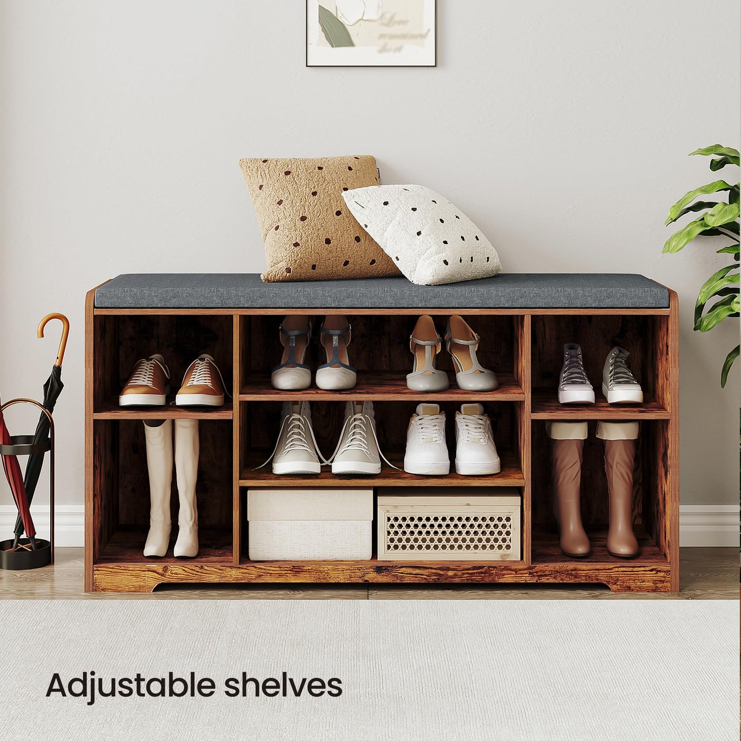 Hzuaneri shoe bench, shoe rack with seat, storage bench, cushion, 9 compartments, 30 x 103 x 52.7 cm, adjustable shelves, for living room, hallway, bedroom, vintage brown SB10001X