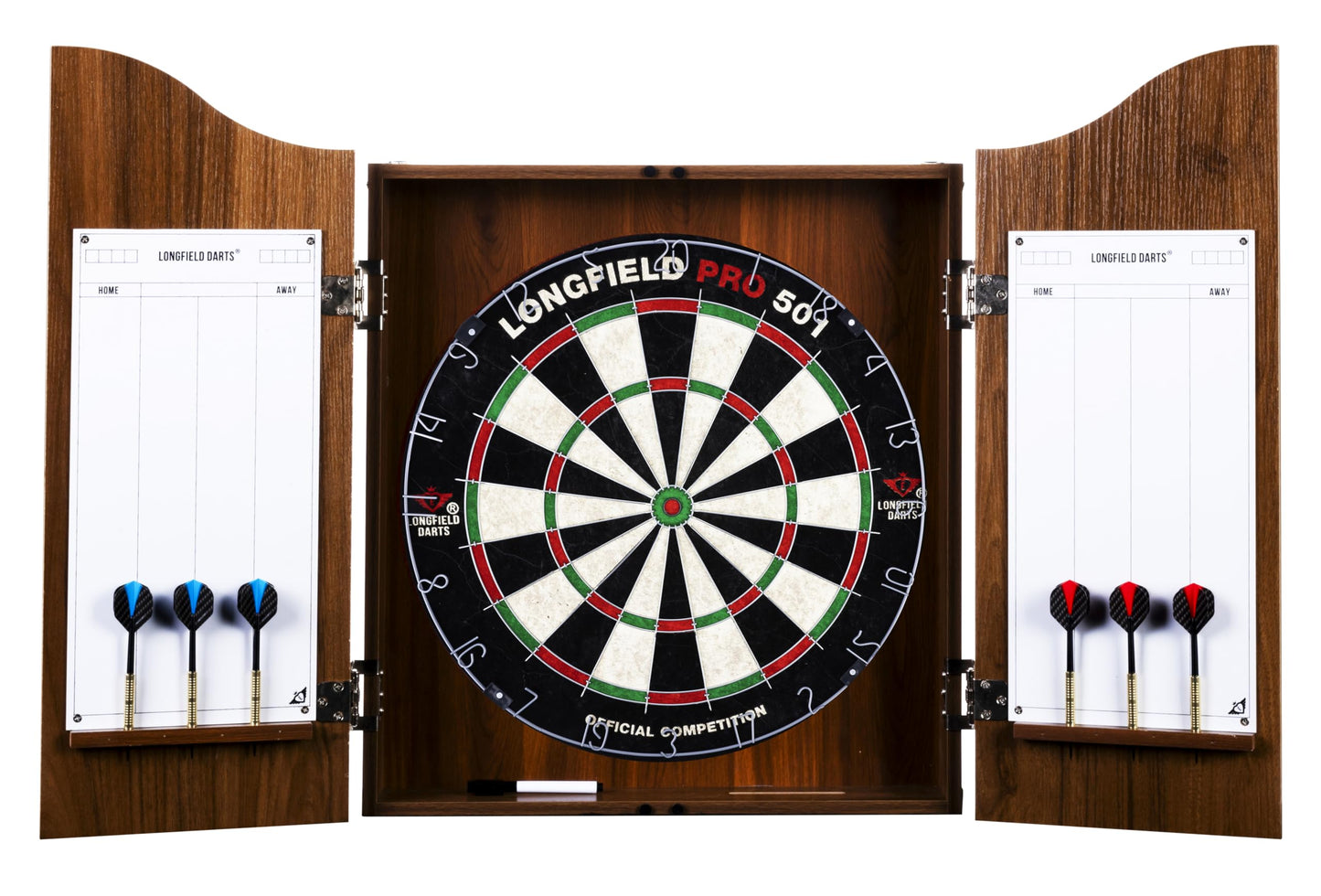 Engelhart wooden dart cabinet, sisal dartboard, includes 6 darts 18gr and accessories (chestnut)