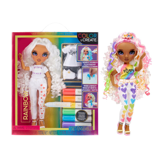 Rainbow High Color & Create DIY Fashion Doll - Purple eyes, curls, extra top & shoes, washable rainbow markers - color, create, play, wash - for children ages 4-12 & collectors.