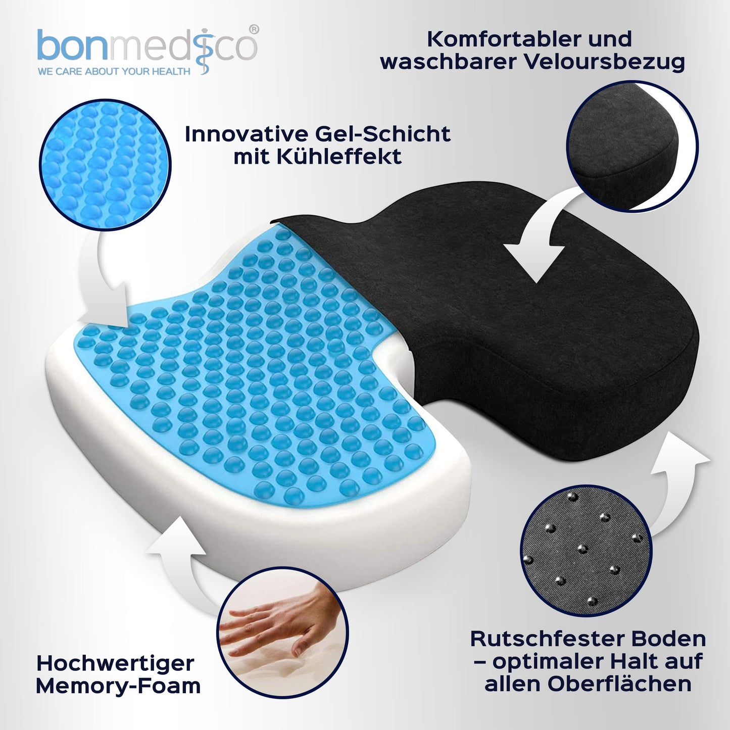 bonmedico orthopedic seat cushion - memory foam gel coccyx cushion - ergonomic seat cushion for car & office chair, wheelchair cushion - wellness black velvet (standard)