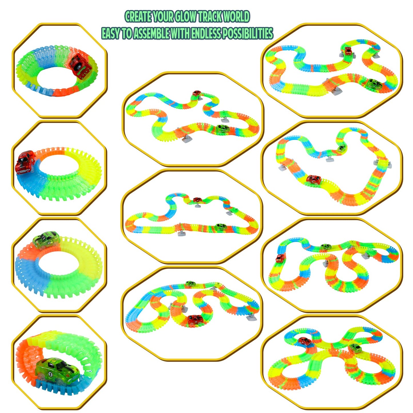 Toys for 3 years old. Race track for kids with 240 pieces. Glow tracks for cars. Great gift for girls and boys aged 3-6.