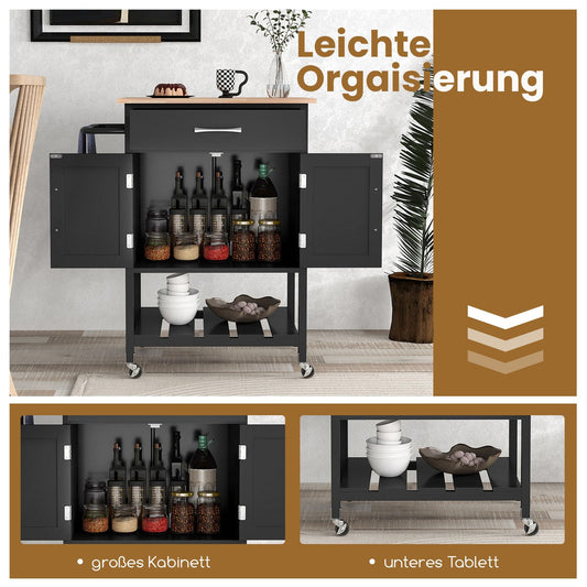 COSTWAY Kitchen Cart with Countertop, Serving Cart with Wheels, Rolling Cart with Drawer & 2-door Cabinet & Bottom Tray & Towel Holder, Kitchen Island for Kitchen, Dining Room, and Bar (Black)