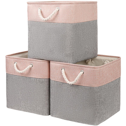 Mangata canvas storage boxes, 30 x 30 x 30 cm, fabric bins for shelves, organizing clothes, kids room, home (gray/pink, 3 pack)