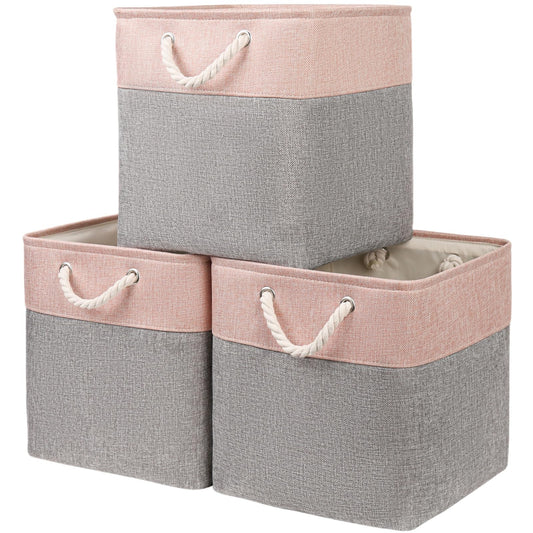 Mangata canvas storage boxes, 30 x 30 x 30 cm, fabric bins for shelves, organizing clothes, kids room, home (gray/pink, 3 pack)