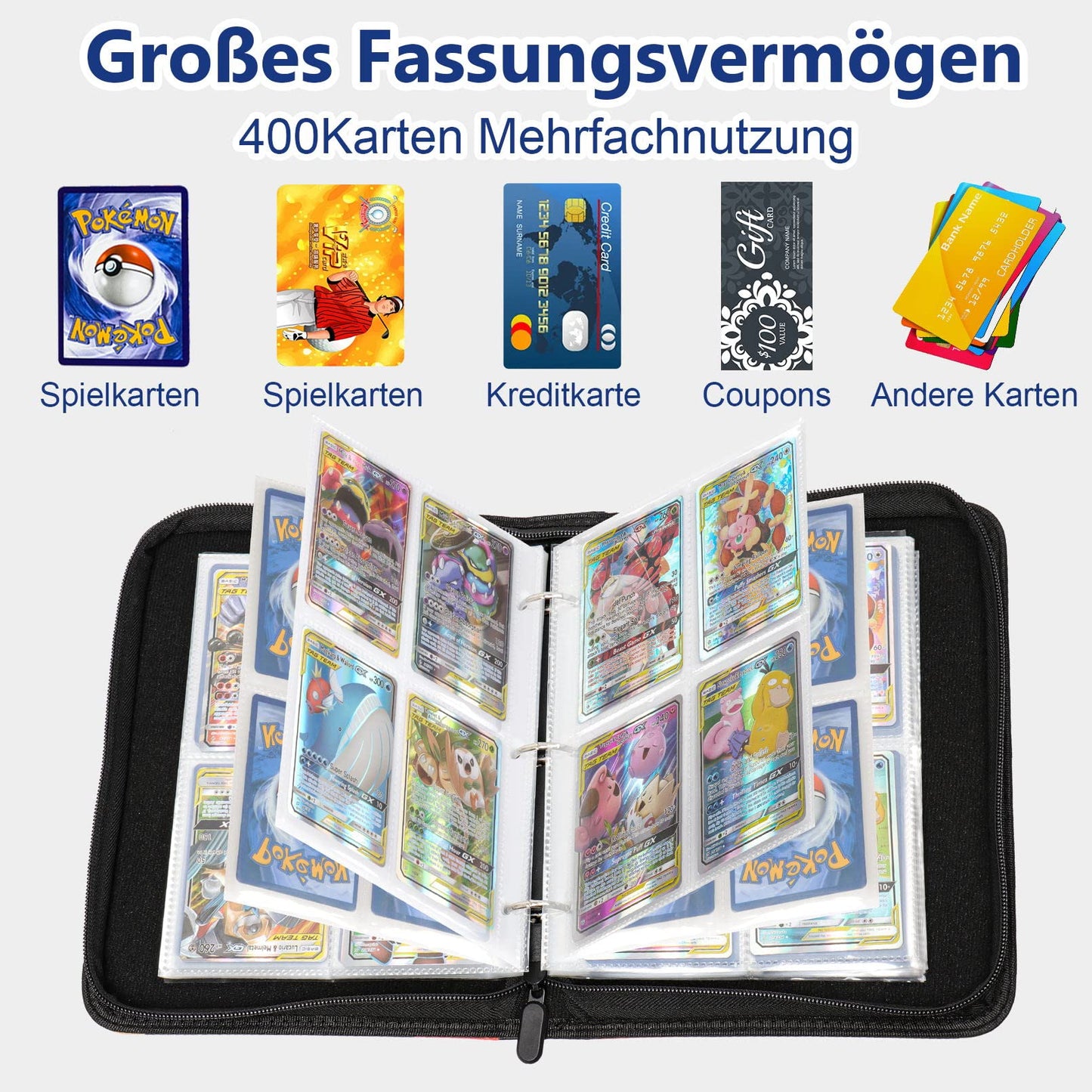 Pokemon card collector's album, 50 pages, 400 pockets, portable waterproof PU card holder. Perfect gift for kids.