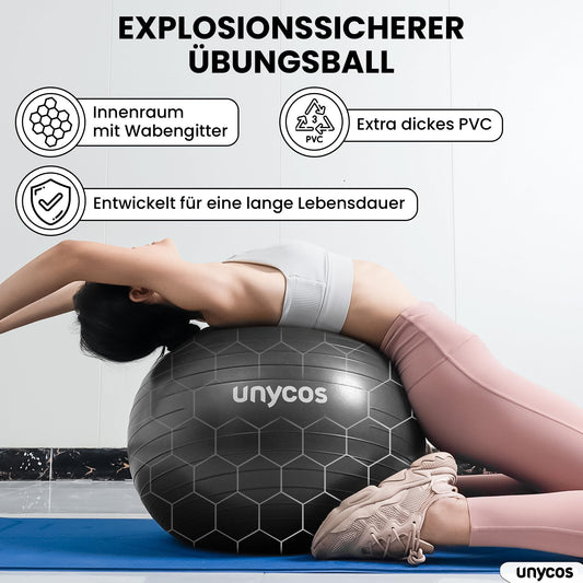 unycos - Exercise ball 65 cm stability ball training ball for yoga, fitness, medicine ball, balance ball, core training strength, Pilates ball | Incl. pump, BPA-free, anti-burst (grey with logo)