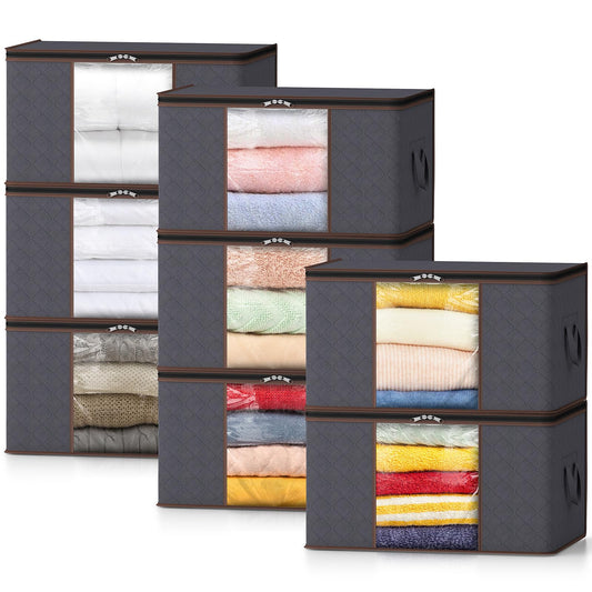 Lifewit 8 Pack Large Storage Box with Lid, Storage Bag for Quilts Clothing Storage Wardrobe Organizer, Foldable Moving Boxes for Blankets Clothes, Gray