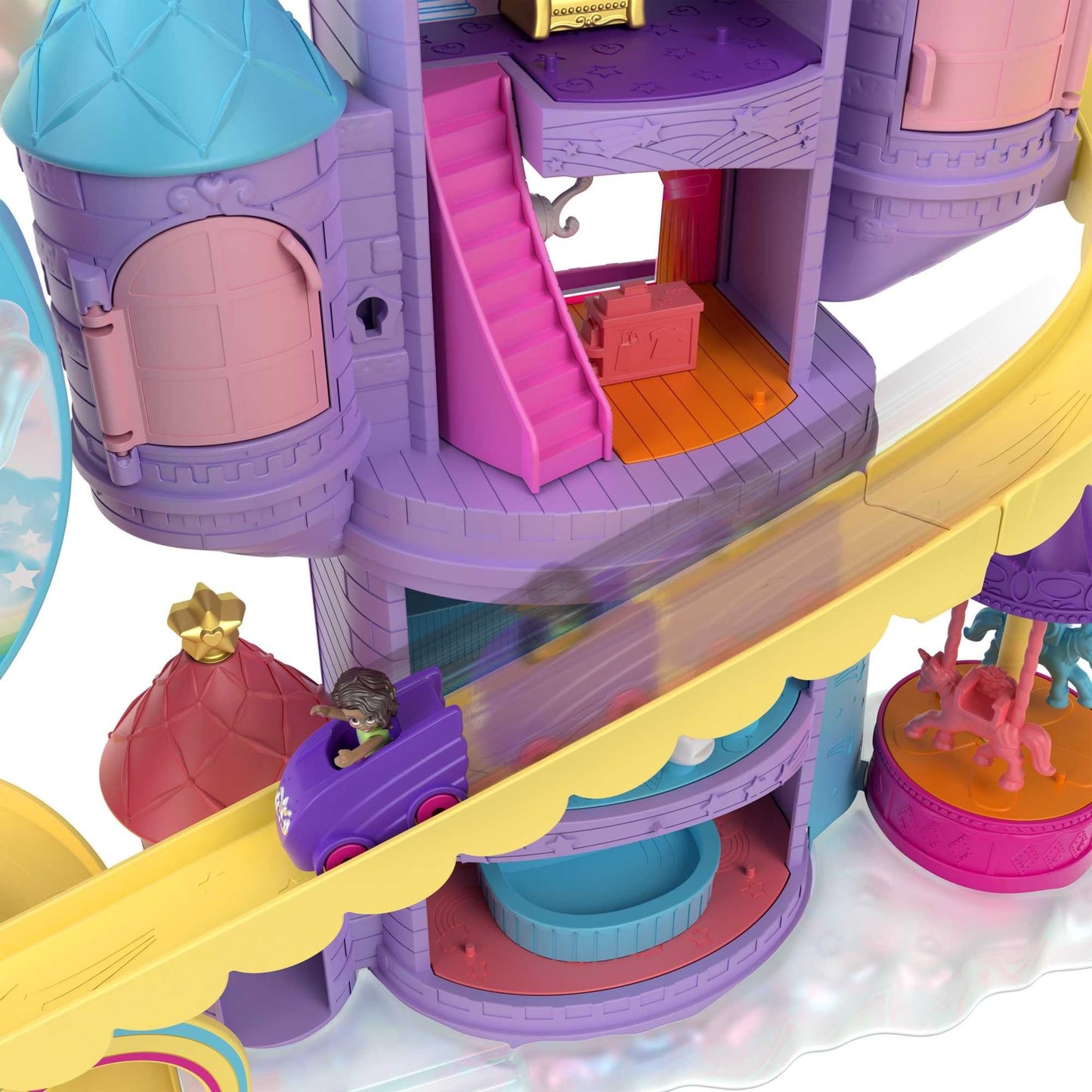 Polly Pocket HBT13 - Rainbow Unicorn Fun Fair, 3 different amusement park attractions, 7 play areas, 2 dolls, 2 unicorns, and 25 surprises (30 total pieces), for ages 4 and up.