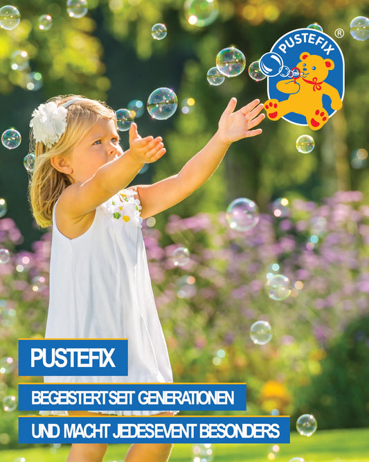 PUSTEFIX Multi-Bubble Trumpet + 2.5L Refill Canister of Bubble Solution I Colorful Bubbles Made in Germany I Bubble Toy for Kids' Birthdays, Weddings I Fun for Kids & Adults