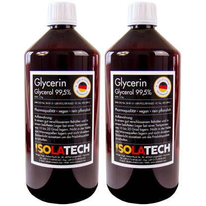 ISOLATECH Glycerin 99.5% 2 liters pharmaceutical grade made in Germany, tested 99.98% pure vegetable, glycerin glycerol liquid transparent 2 x 1000ml bottle (contents 2 x 1.2kg)