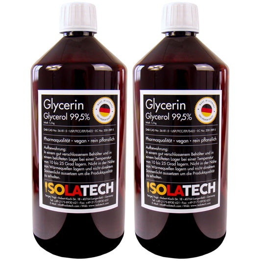 ISOLATECH Glycerin 99.5% 2 liters pharmaceutical grade made in Germany, tested 99.98% pure vegetable, glycerin glycerol liquid transparent 2 x 1000ml bottle (contents 2 x 1.2kg)