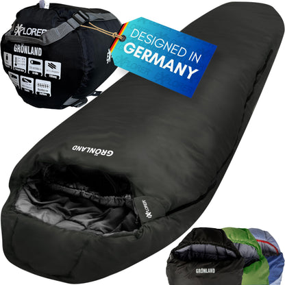 EXPLORER® GREENLAND sleeping bag -23°C -5°C [350GSM] 3-4 seasons winter mummy bag for adults [1900g] 230x82x55cm zip right black, perfect for outdoor, camping, trekking, and traveling.