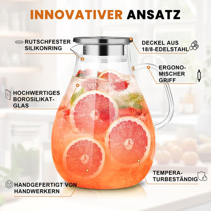 SUSTEAS 3.0 Liter 101 Ounce Water Carafe, Glass Carafe with Lid and Wide Handle, Easy to Clean Glass Pitcher for Fridge, Water Jug for Iced Tea/Milk/Coffee/Wine, Carafes with Brush