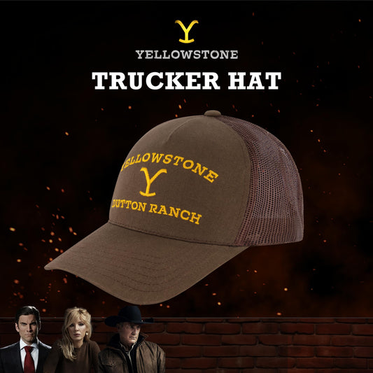 Concept One Adult Unisex Yellowstone Adjustable Mesh Snapback Trucker Hat with Curved Brim Baseball Cap, Brown, One Size.