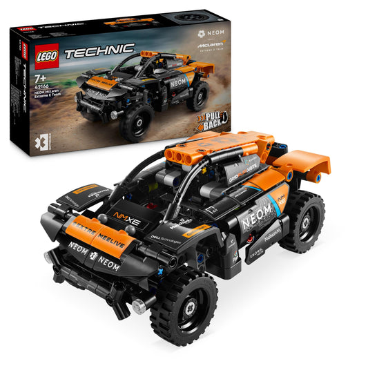 LEGO Technic NEOM McLaren Extreme E Race Car Set, car toy with pull-back motor & Creator 3in1 Low Loader with Helicopter, vehicle set with helicopter and truck toys.