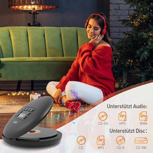 HOTT CD204 Portable CD Player, Walkman Compact Player, portable CD player, MP3 player, with anti-shock headphones, for audiobooks, music, checkers for kids and adults (black)