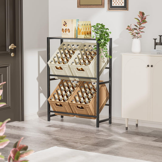 PickPiff 4 Crates Beverage Crate Rack with Shelf - Black Metal Drink Rack, Space-saving Crate Rack with 2 Levels for Beer, Fruit, Vegetables, Water - For Living Room, Kitchen & Basement, 4 Boxes
