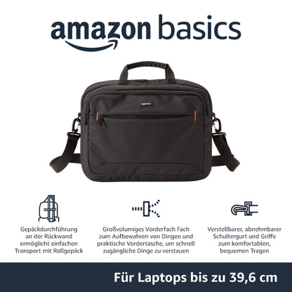 Amazon Basics Compact Laptop Bag, Shoulder/Carry Bag with accessory storage pockets, for laptops up to 15.6 inches (39.6 cm), Black, 1 piece
