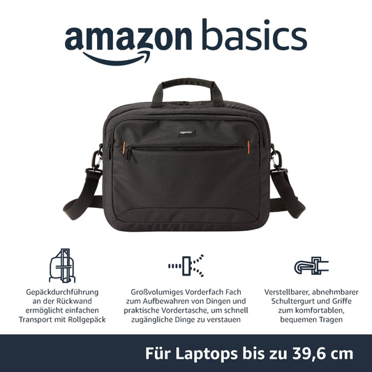 Amazon Basics Compact Laptop Bag, Shoulder/Carry Bag with accessory storage pockets, for laptops up to 15.6 inches (39.6 cm), Black, 1 piece