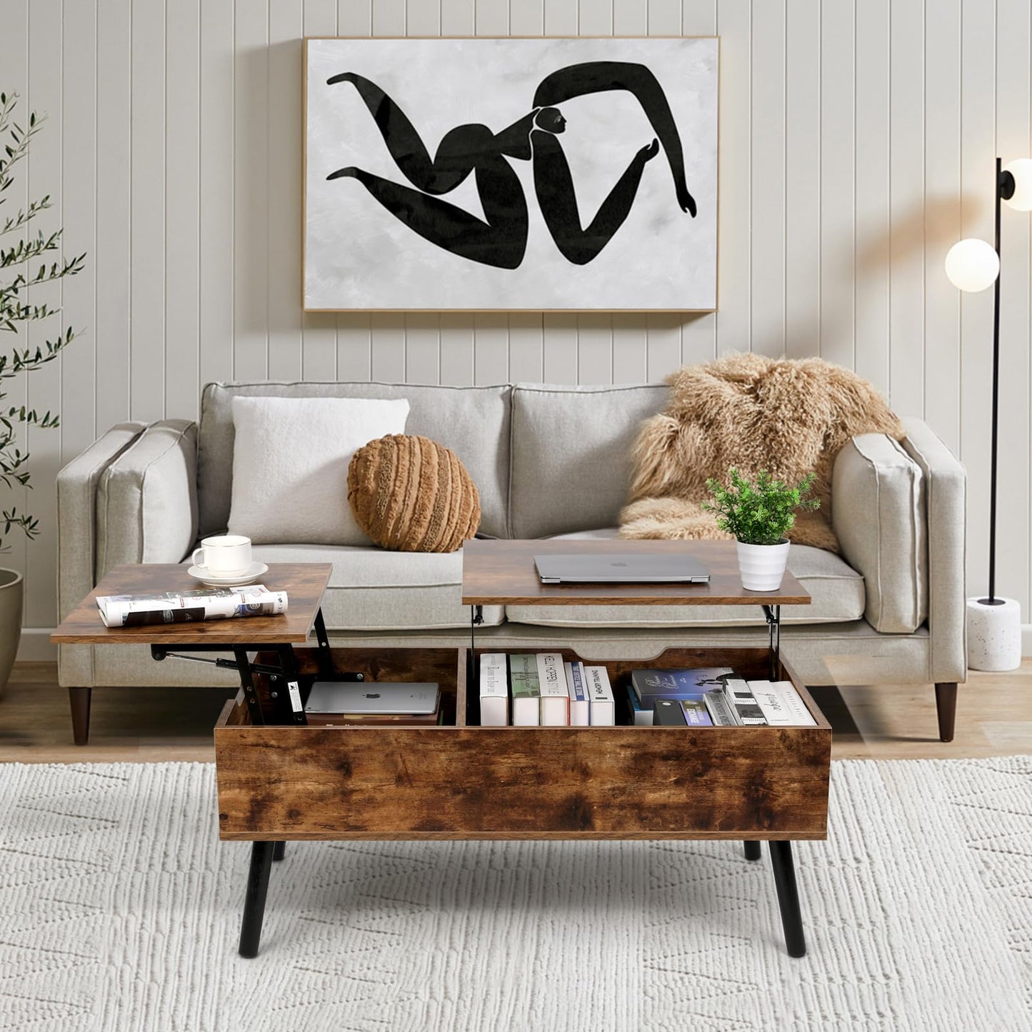 VOWNER Coffee Table, Adjustable Height Coffee Table, Extendable, Retractable Living Room Table, Separate Hidden Storage Compartment, Double Lift Top, Side End Table, Vintage Brown