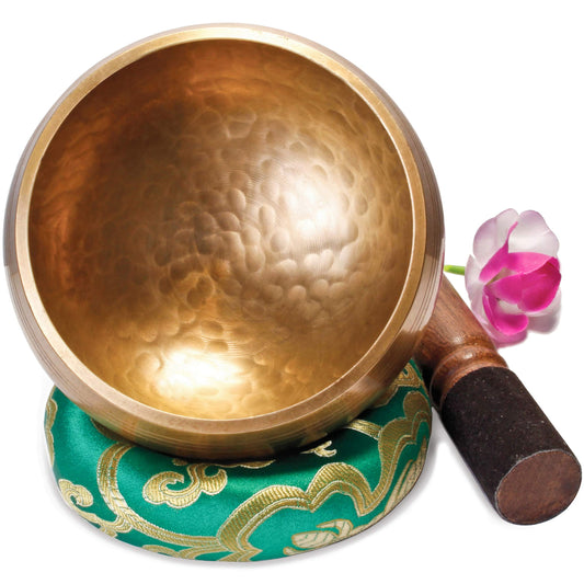 Large original Tibetan singing bowl - 13cm. Singing bowl set with eBook, striker, singing bowl cushion, and gift box. Singing bowl from Tibet.