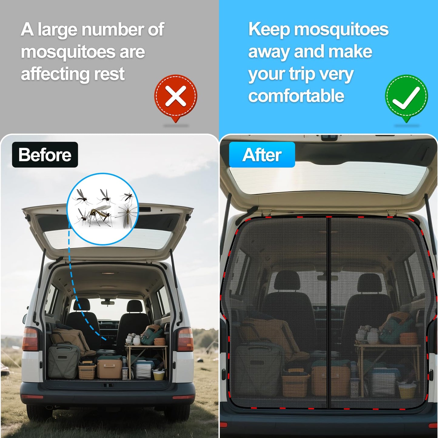 ZATOOTO mosquito net zipper for VW T5 T6 tailgates, fly screen insect protection sunshade, rear door separator curtain mosquito net with magnetism, trunk shade net camping travel (rear)