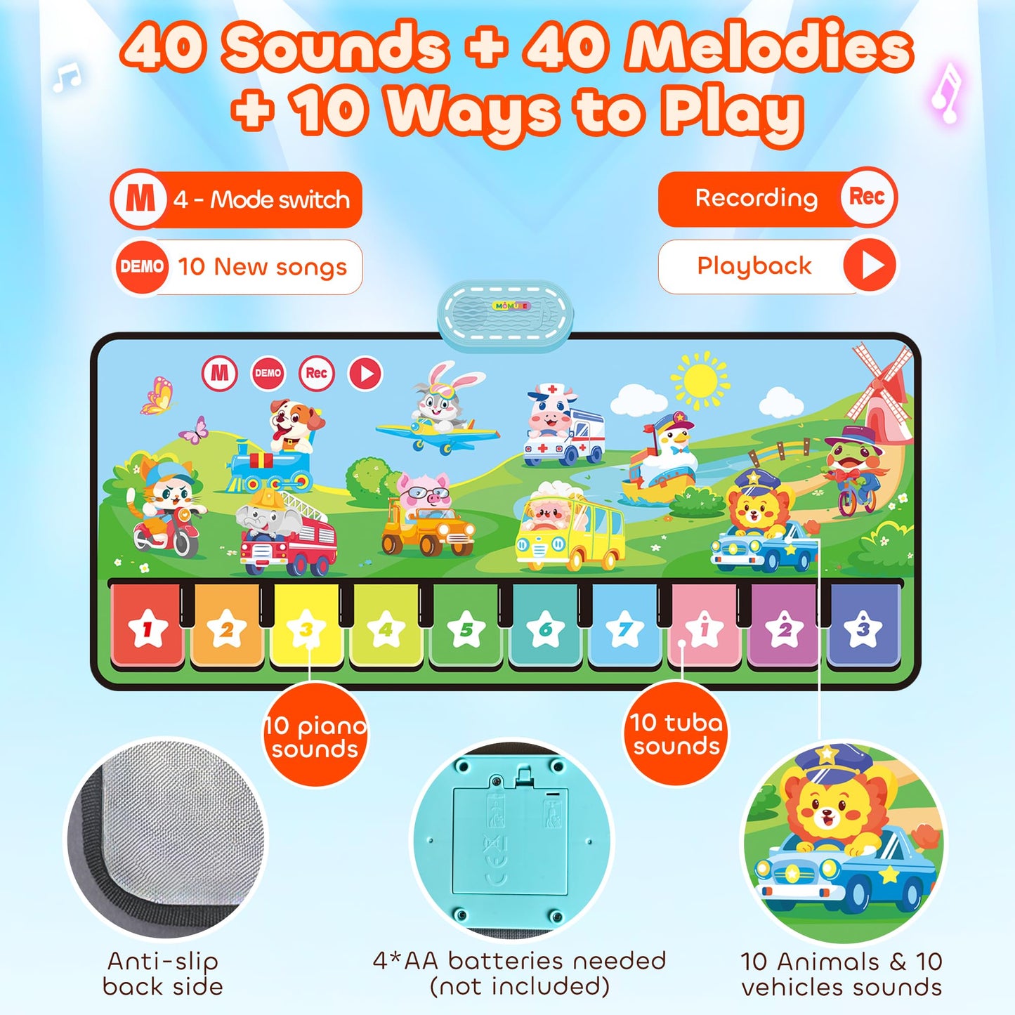 MOMUSE Baby Toy for 1+ year olds with 80 sounds, Large music mat featuring 10 animals & 10 vehicles, Piano mat with soft lights, 10+ volume levels, Gifts for boys girls 1 2 3 (110cm*45cm)