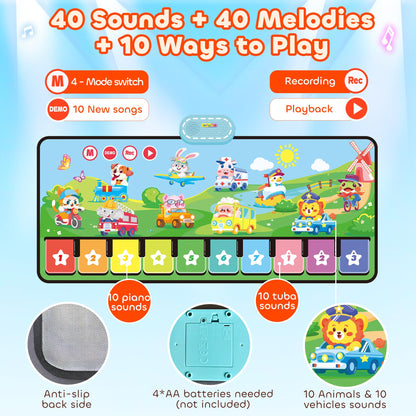 MOMUSE Baby Toy for 1+ year olds with 80 sounds, Large music mat featuring 10 animals & 10 vehicles, Piano mat with soft lights, 10+ volume levels, Gifts for boys girls 1 2 3 (110cm*45cm)