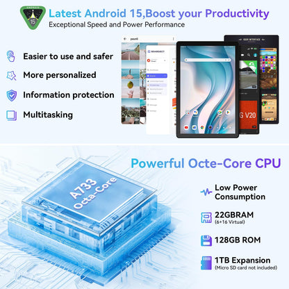 Whitedeer Android 15 Tablet 10 inch 22GB+128GB+1TB TF Octa Core and Widevine L1, Wi-Fi 6G/BT 5.3, 6200mAh Gaming Tablet Android, Dual 5+8MP, Computer mode supported - Black
