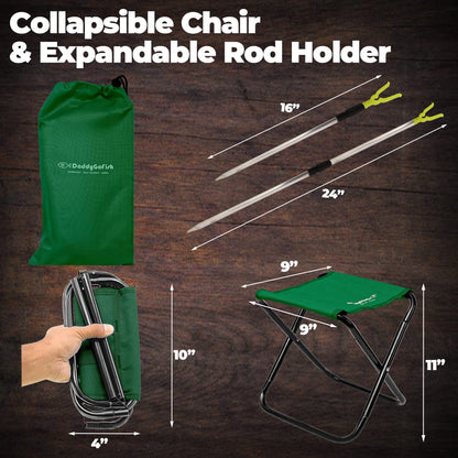 DaddyGoFish Kids Fishing Kit - Telescopic Rod & Reel Combo with Folding Chair, Rod Holder, Tackle Box, Bait Net, and Carry Bag for Boys and Girls - Green, 5ft