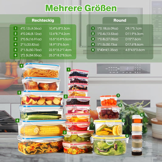 YASHE Fresh Containers with Lids 50pcs (25 containers + 25 lids), Airtight Storage Box, BPA-Free plastic storage containers for kitchen, Set of food storage containers with labels