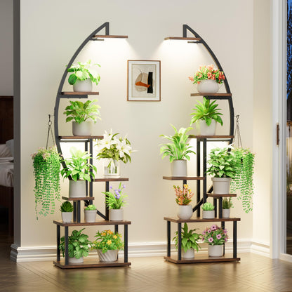 BACEKOLL Plant Stand with Grow Light - 7 Tier Flower Stand 165cm Metal Wood Plant Shelf - Indoor & Outdoor Flower Ladder - Decorative Black Plant Stand for Interior Garden Balcony 2 PACK