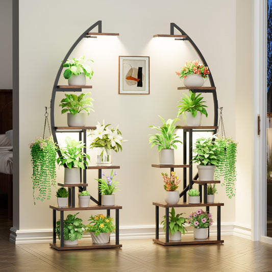 BACEKOLL Plant Stand with Grow Light - 7 Tier Flower Stand 165cm Metal Wood Plant Shelf - Indoor & Outdoor Flower Ladder - Decorative Black Plant Stand for Interior Garden Balcony 2 PACK