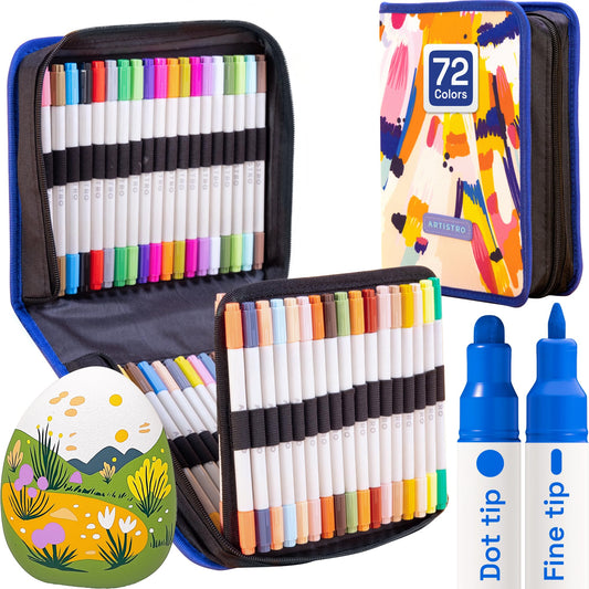 Artistro 72 Acrylic Paint Pens, Dual Tip Acrylic Paint Markers (Brush + Fine Tip 1mm), Drawing Set, Acrylic Marker for Fabric, Canvas, Stone, Glass, Wood, Paper, Colorful Markers for Kids and Adults.