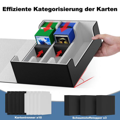 Mlikero card storage box holds 1800+ cards, magnetic deck box fits MTG and sports cards, premium Commander deck box with 10 compatible card dividers.