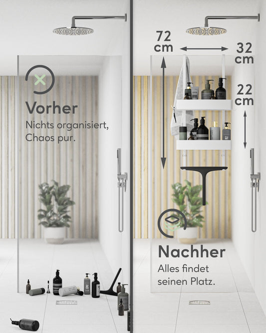 QUALISH® hanging shower caddy - shower shelf to hang on the shower wall - hanging shower basket with glass protection and additional hooks - hanging shower caddy without drilling - silver metallic