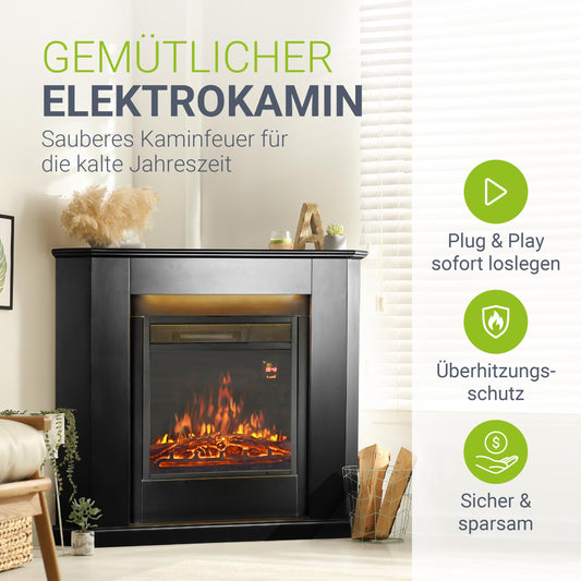 Juskys Electric Fireplace 1000/2000 W with heating, fireplace, flame effect, remote control, LED lighting & timer - Electric Corner Fireplace in black.