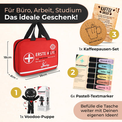 Lucky Good® First Aid Kit for Work | Partially filled | Funny gift to fill | Highlighter + Voodoo doll + Coffee break set | Colleagues, new job, farewell, office