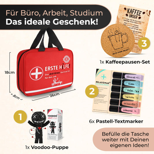 Lucky Good® First Aid Kit for Work | Partially filled | Funny gift to fill | Highlighter + Voodoo doll + Coffee break set | Colleagues, new job, farewell, office