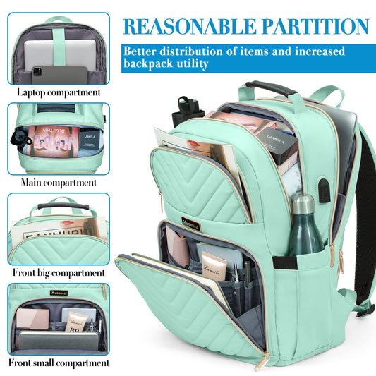 Kuosdaz Backpack Women 15.6 Inch, Large School Backpack Girls Teenager, with USB Charging Port for Laptop Work Waterproof Backpack, University, Travel, Business, Everyday, Women, School, Mint Green