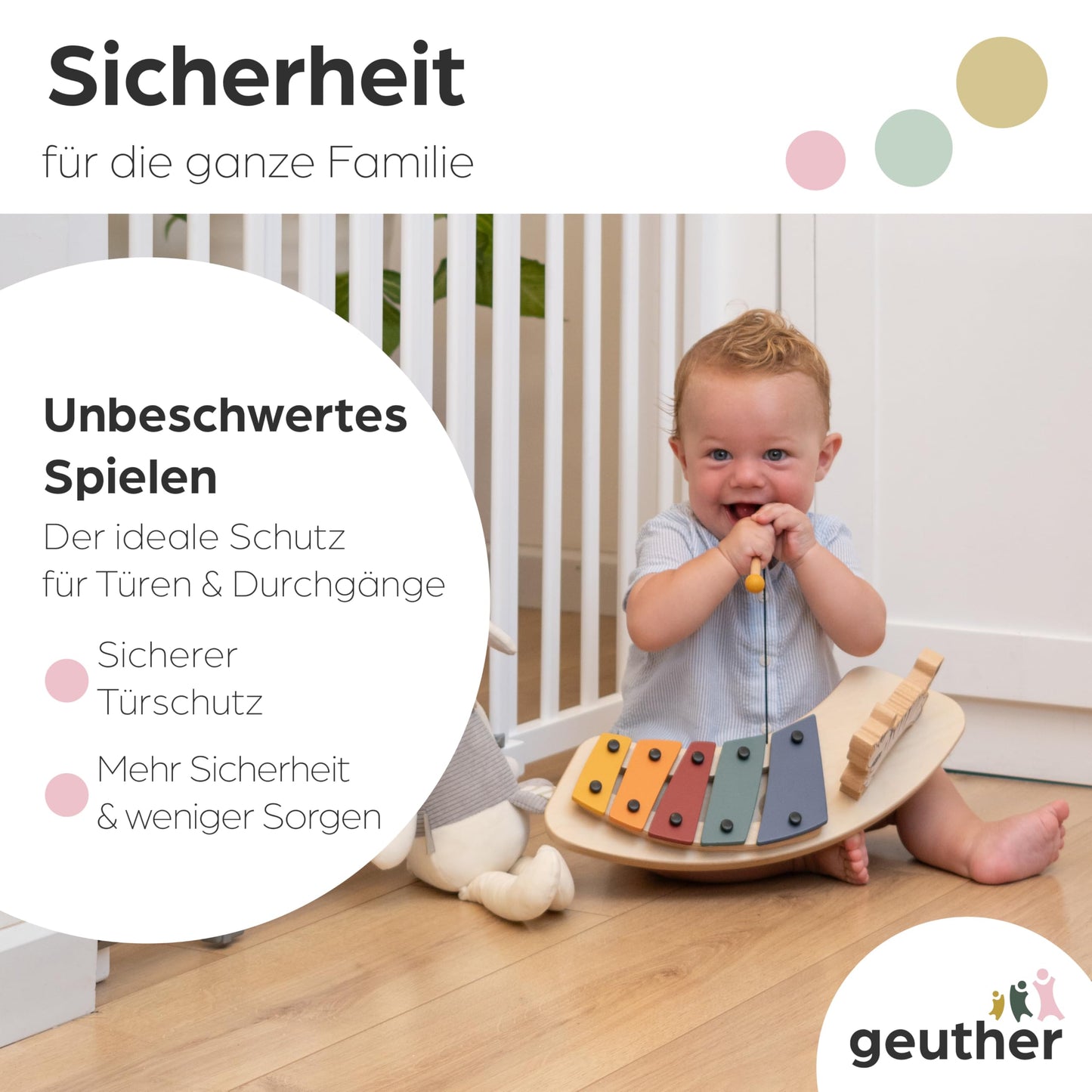 Geuther Door Safety Gate Oris | Staircase Safety Gate for screwing on, Width 86-133 cm | Sturdy Baby Gate & Door Gate with Swinging Door, Certified & Safety Tested | Wooden Child Gate, White