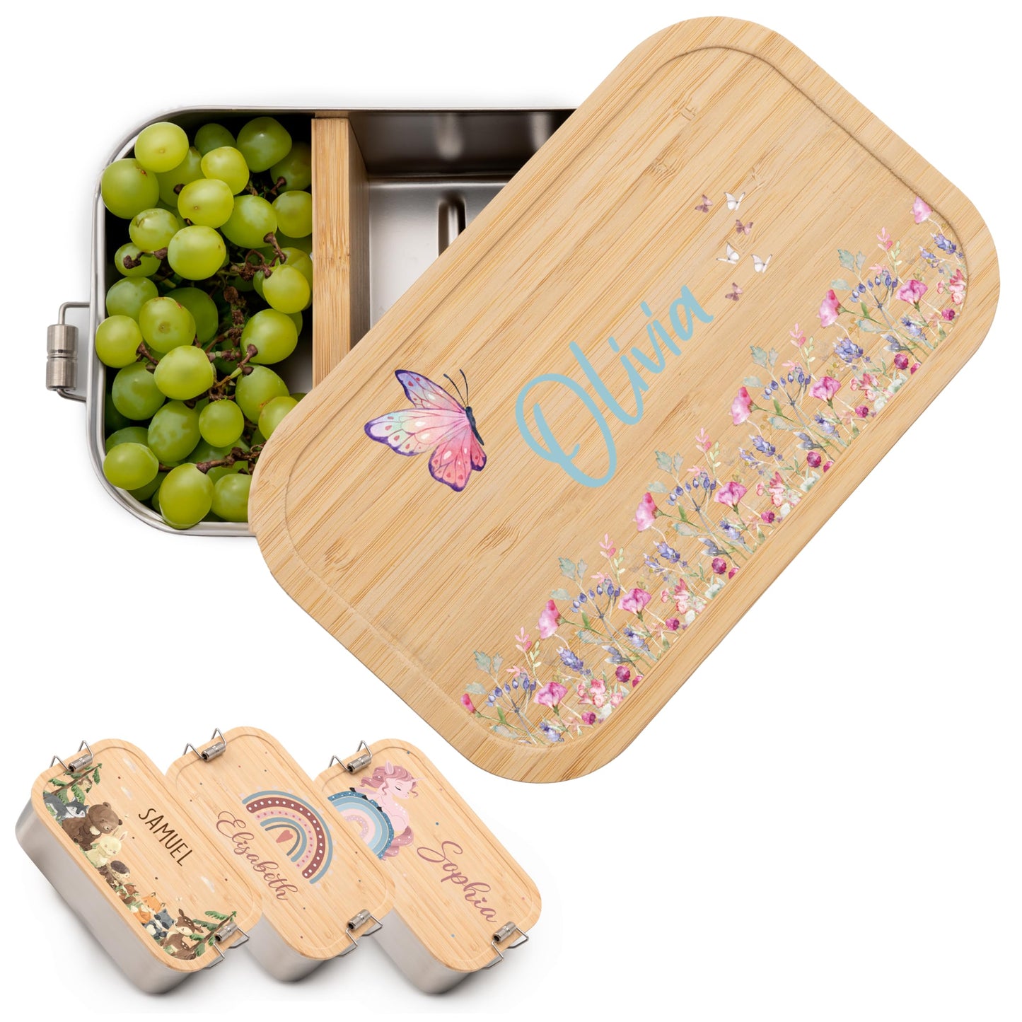 Kidsmood - Personalized lunchbox for kids with compartments, stainless steel container with bamboo lid. Printed without harmful substances, featuring cute animal design and name. Perfect gifts for girls & boys starting school.